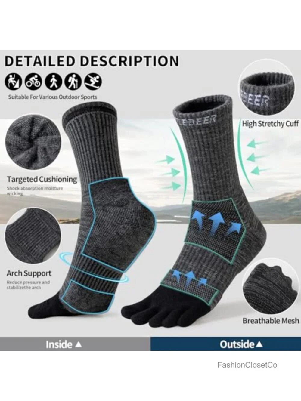 Merino Wool Toe Socks 3-Pack Crew Hiking Running Athletic